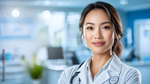 Friendly Asian Woman Receptionist Wearing Professional Uniform Smiling and Providing Assistance at Hospital Reception Desk with Blank Copy Space for Text