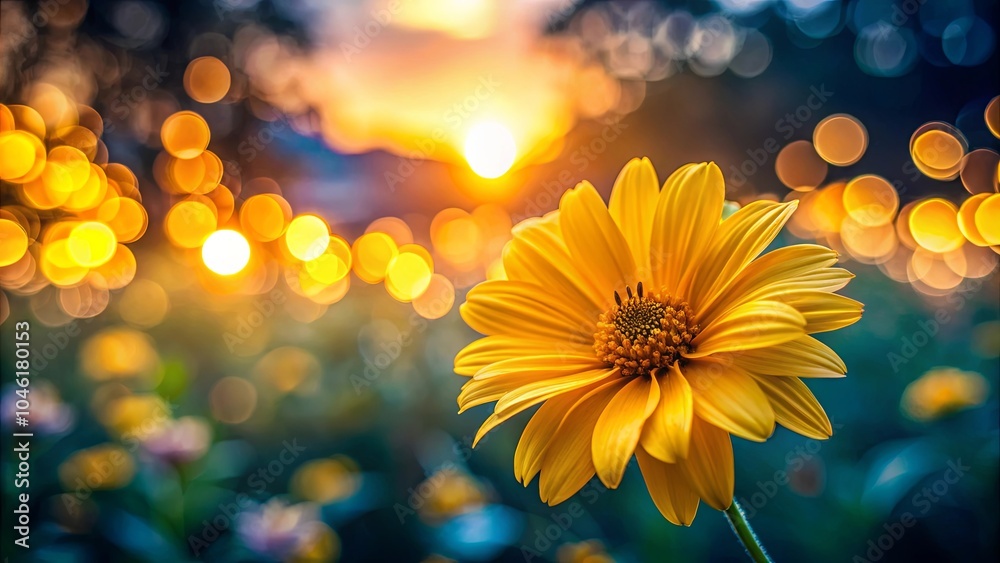 A vibrant yellow daisy basking in the golden glow of a setting sun, its petals unfurling towards the sky, the backdrop a tapestry of blurred light and green foliage. A vibrant yellow daisy basking in the golden glow of a setting sun, its petals unfurling towards the sky, the backdrop a tapestry of blurred light and green foliage.