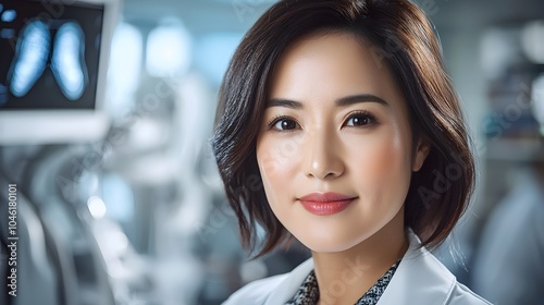 An Asian female radiologist standing next to advanced medical imaging equipment like X ray or CT scanner in a modern hospital setting with copy space for text Free Download An Asian female radiologist standing next to advanced medical imaging equipment like X ray or CT scanner in a modern hospital setting with copy space for text - GFXLoad