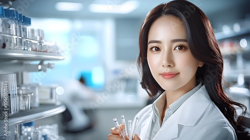 Asian Woman Working as a Professional Medical Laboratory Technician in a Hospital Setting Wearing a Lab Coat and Holding Test Tubes Surrounded by Laboratory Equipment and a Clean Sterile Environment