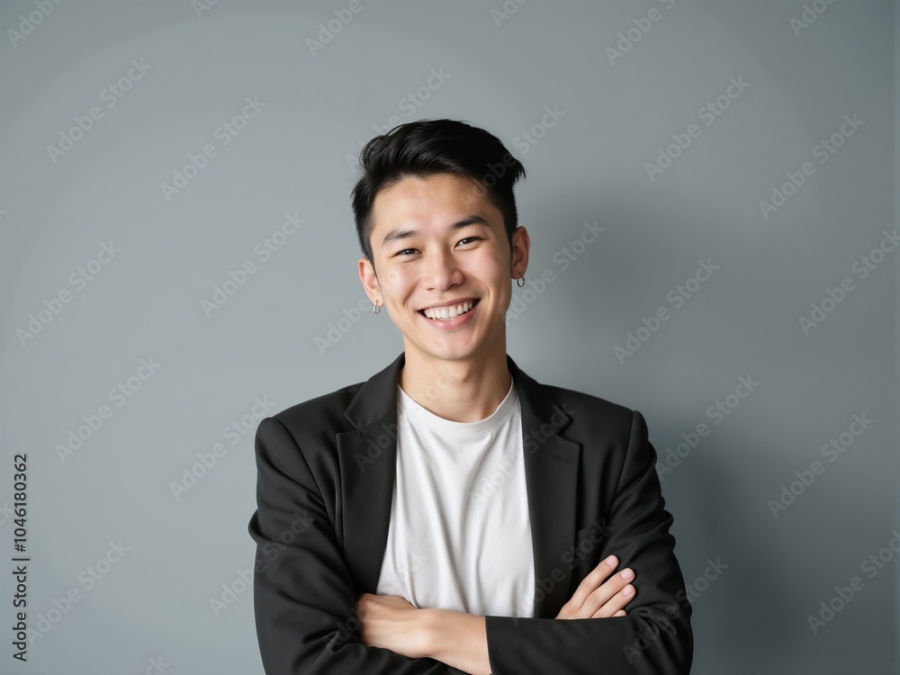 Confident Young Asian Man Smiling in Front of a Gray Wall Confident Young Asian Man Smiling in Front of a Gray Wall