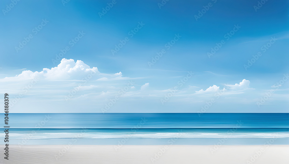 Obraz premium Watercolor painting depicting a serene beach scene. The layout is horizontal, with a clear division between the sky, sea, and sand. 