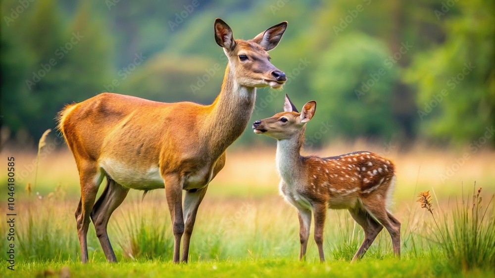 Stock photo of Red Deer calf suckling from mother with Forced Perspective Stock photo of Red Deer calf suckling from mother with Forced Perspective