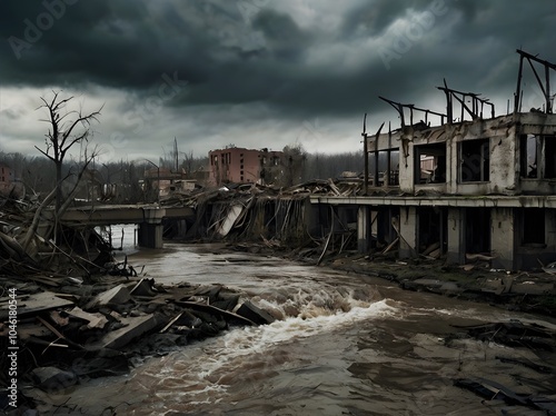 Post Apocalyptic Cityscape  Ruined Buildings and Flood Waters
