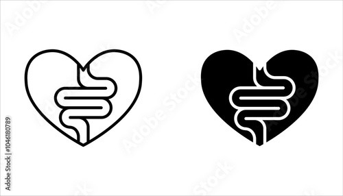 Intestine with heart icon set. Healthy internal organ on white background