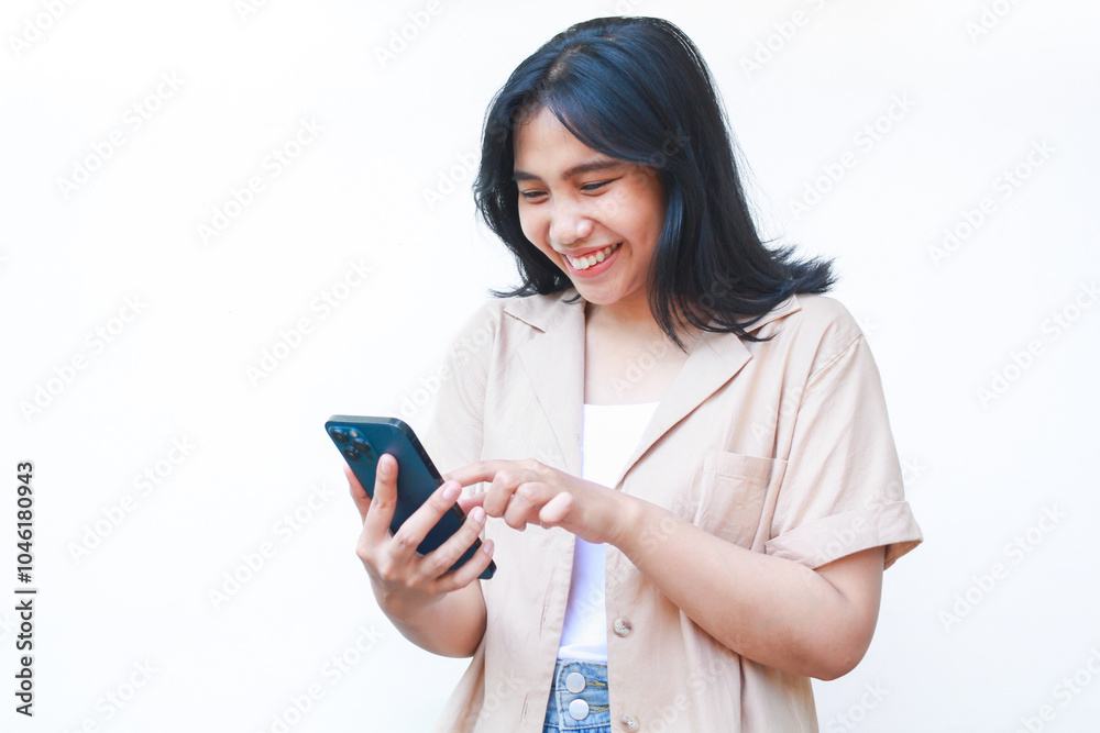 excited asian woman using smartphone laughing enjoy scrolling social media isolated on white background