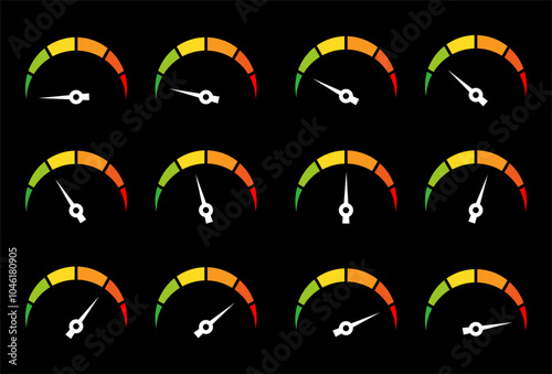 Speedometer, gauge meter icons. Vector scale, level of performance. Speed dial indicator . Green and red, low and high barometers template 4