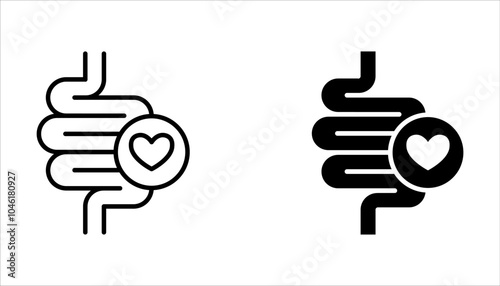 Intestine with heart icon set. Healthy internal organ on white background