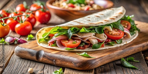 Stock photo of Romagna piadina being filled on chopping board with selective focus Depth of Field photo