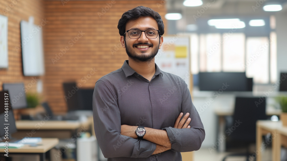 Obraz premium A young Indian entrepreneur standing confidently , who is smiling and wearing casual modern clothes, symbolizing innovation and success.