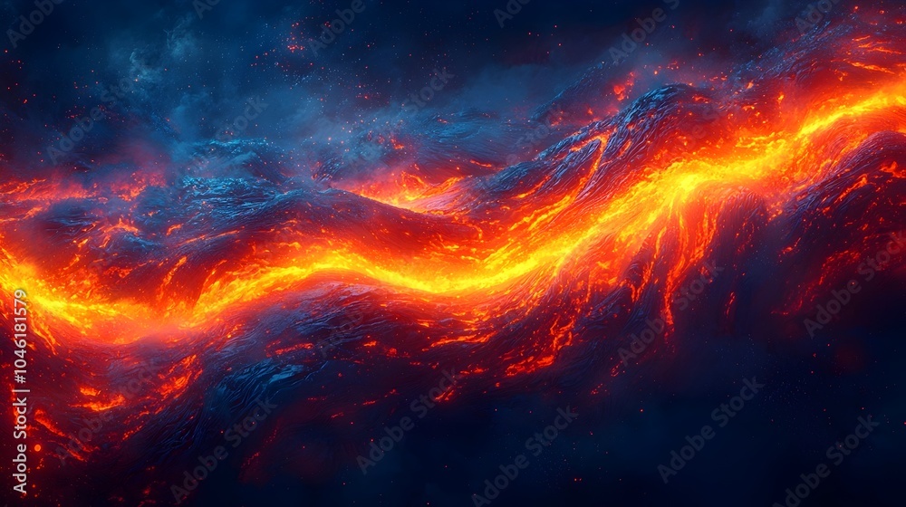 A mesmerizing flow of molten lava illuminated by fiery orange and red hues, set against a dark volcanic landscape. The image captures the raw power of nature. A mesmerizing flow of molten lava illuminated by fiery orange and red hues, set against a dark volcanic landscape. The image captures the raw power of nature.