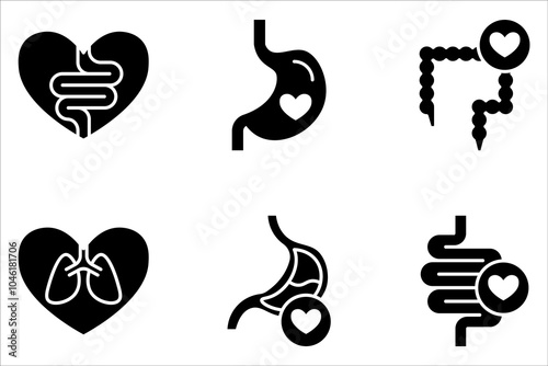 Intestine with heart icon set. Healthy internal organ on white background