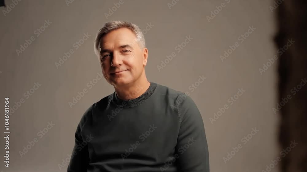 Portrait of a middle-aged man with gray hair, wearing a green sweater and smiling softly. He's looking directly at the camera. Portrait of a middle-aged man with gray hair, wearing a green sweater and smiling softly. He's looking directly at the camera.