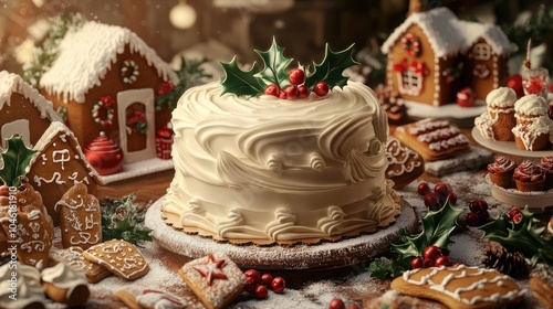 A joyful holiday baking scene with a beautifully frosted cake, surrounded by sprigs of holly, gingerbread houses, and assorted festive treats.