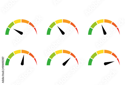 Speedometer, gauge meter icons. Vector scale, level of performance. Speed dial indicator . Green and red, low and high barometers template