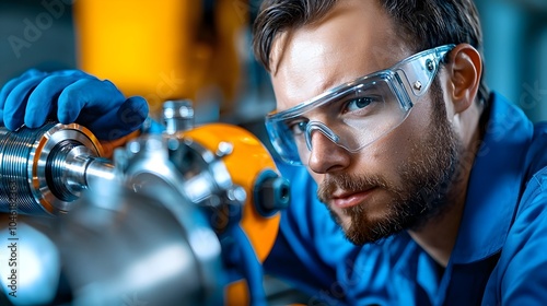 Hydraulic tube bender in motion expertly bending metal tubing as an engineer ensures precision and accuracy in every step of the metalworking process for industrial manufacturing photo