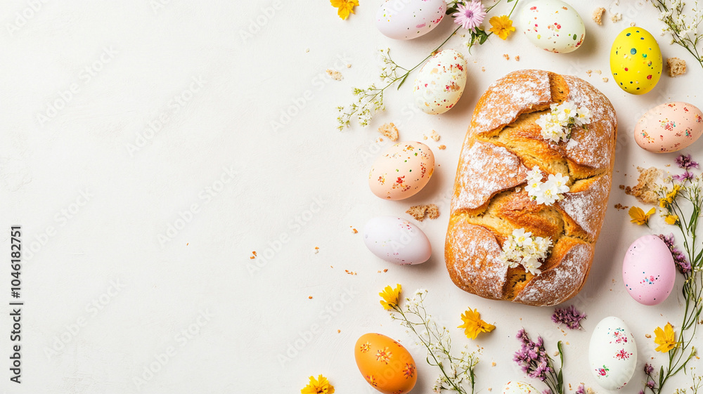 Traditional Easter bread surrounded by colorful eggs and flowers creates festive atmosphere. This delightful arrangement captures essence of spring celebrations Traditional Easter bread surrounded by colorful eggs and flowers creates festive atmosphere. This delightful arrangement captures essence of spring celebrations