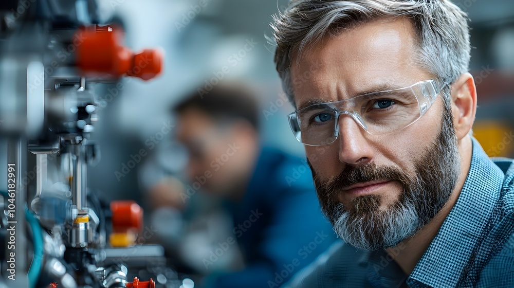 Close up view of a hydraulic tube bender in an engineer monitoring the metalworking process in a modern high tech factory setting Close up view of a hydraulic tube bender in an engineer monitoring the metalworking process in a modern high tech factory setting