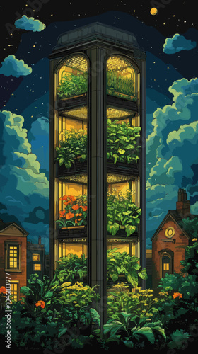 Vertical greenhouse tower glowing at night, filled with lush plants and surrounded by a small garden. Futuristic urban farming concept blending nature with city life