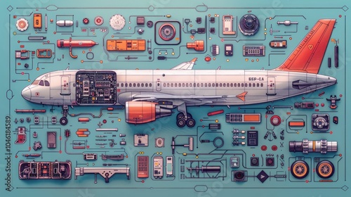 A detailed illustration of an airplane, with all its internal and external parts, in a flat, isometric style.