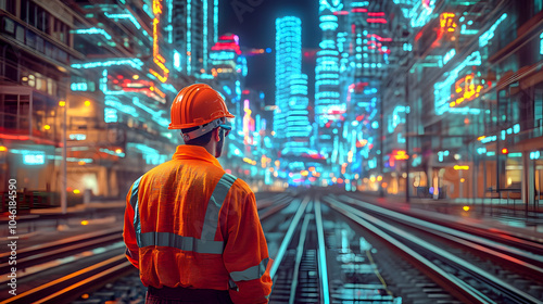 Urban Worker Surveys Cityscape at Night