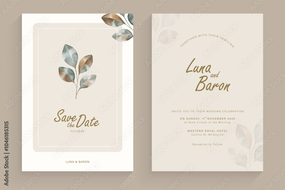Simple Wedding Invitation Tempate with Aesthetic Leaves Watercolor Arrangement Simple Wedding Invitation Tempate with Aesthetic Leaves Watercolor Arrangement