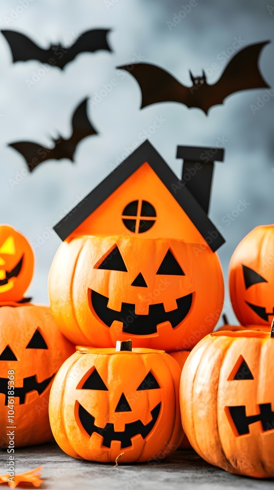 Halloween Jack-o'-Lanterns with Bats and House. Halloween Jack-o'-Lanterns with Bats and House.