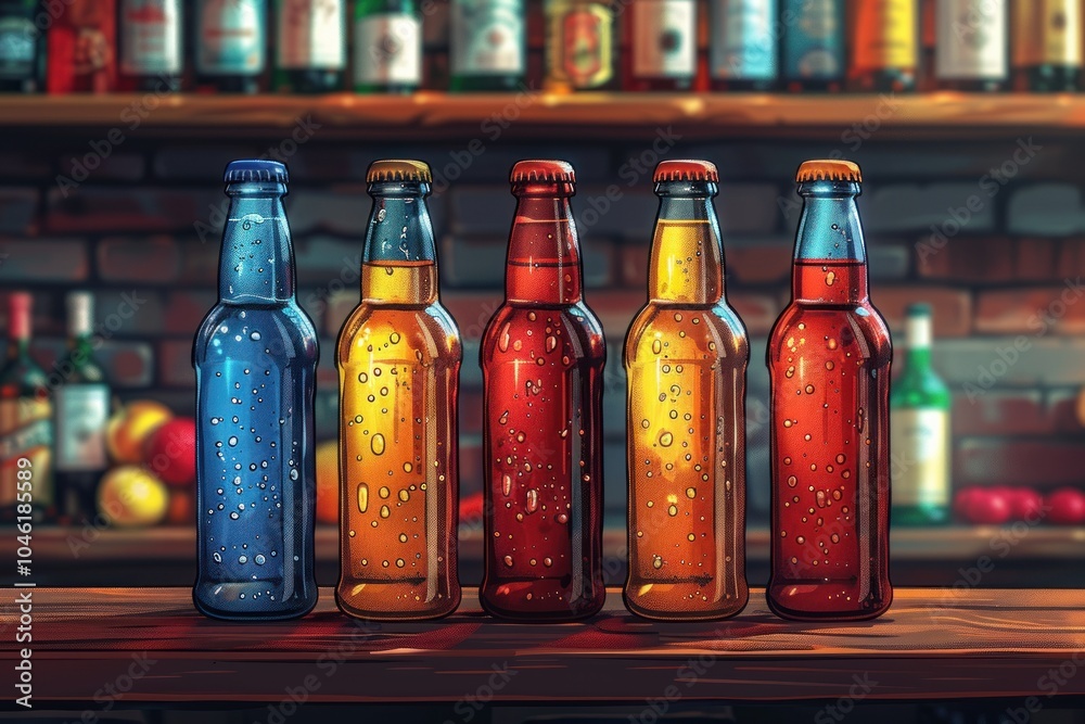 Five colorful glass bottles of different beverages on a wooden bar counter. Five colorful glass bottles of different beverages on a wooden bar counter.