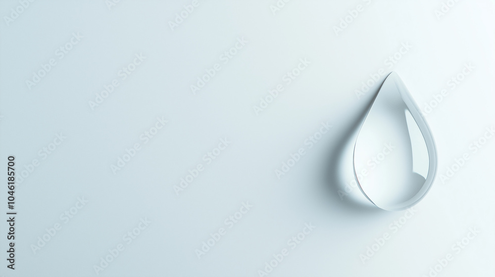 Hydration concept,clear water droplet remains suspended on a plain white background,reflecting light and showcasing its delicate shape in a serene,minimalist composition,copy space