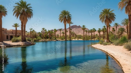 a landscape of oasis with lake and palm tree