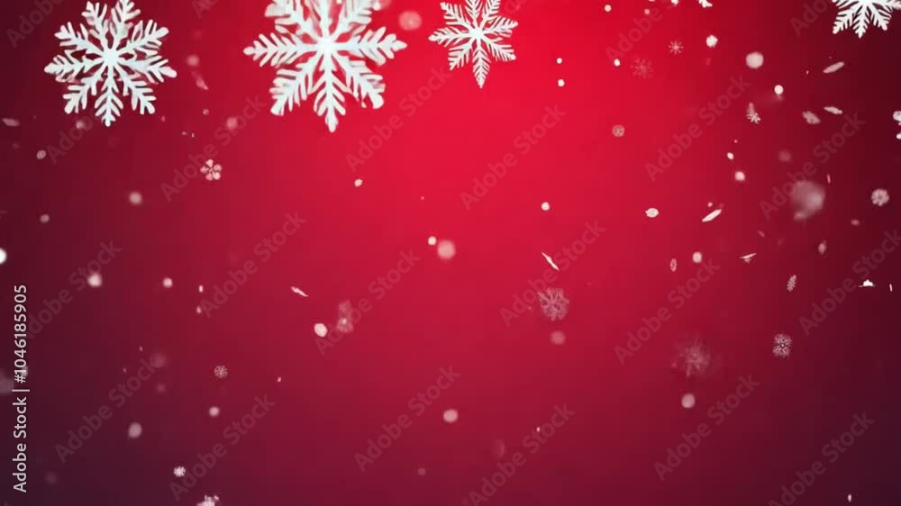 A static shot captures small snowflakes gently falling on a red Christmas background, setting a festive holiday mood with beautiful snow decorations, perfect for an xmas celebration during the winter. A static shot captures small snowflakes gently falling on a red Christmas background, setting a festive holiday mood with beautiful snow decorations, perfect for an xmas celebration during the winter.