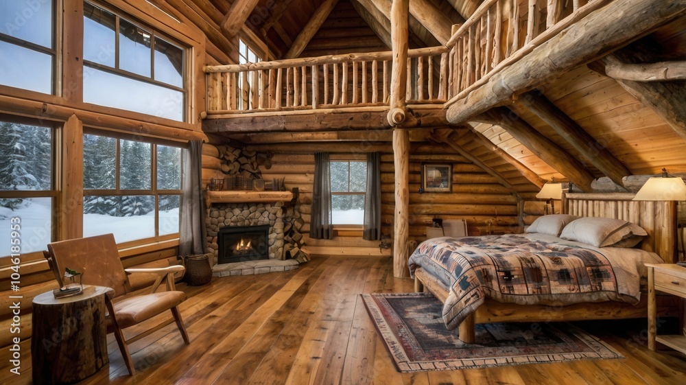 a log cabin interior with fireplace and comfy bed a log cabin interior with fireplace and comfy bed