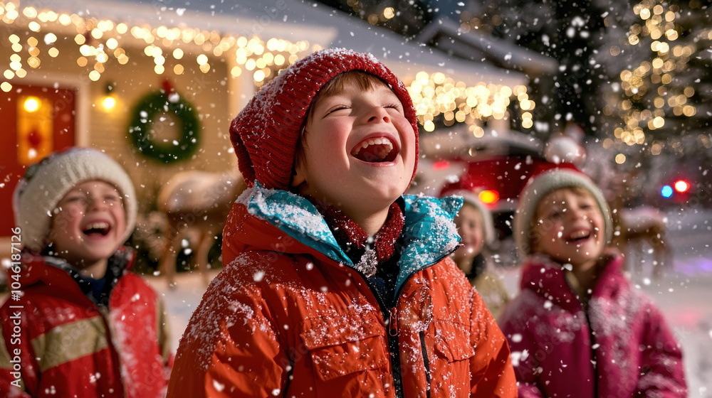 Joyful children singing Christmas carols in snowy winter scene. Joyful children singing Christmas carols in snowy winter scene.