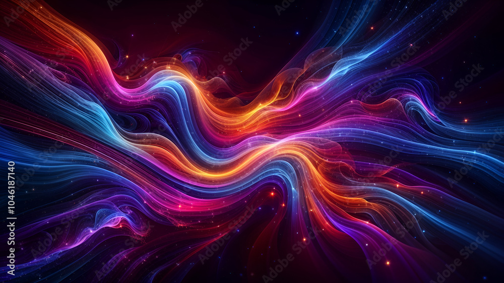 An abstract image featuring vibrant, swirling waves of light in a dark background. The waves blend smoothly through colors like electric blue, magenta, purple, orange, and red, creating a sense of mot An abstract image featuring vibrant, swirling waves of light in a dark background. The waves blend smoothly through colors like electric blue, magenta, purple, orange, and red, creating a sense of mot