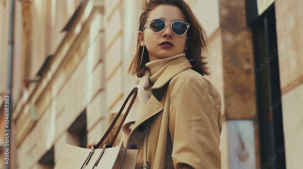 Obraz premium Fashionable Young Lady Holding Shopping Bag - a stylish and elegant visual. The fashionable young lady with a shopping bag in hand exudes charm and sophistication.