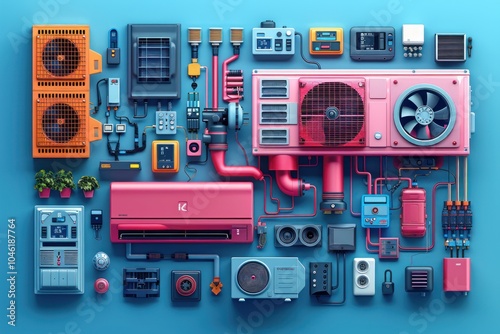 A colorful, flat lay illustration of various air conditioning units and related equipment, connected by wires and pipes on a blue background. photo