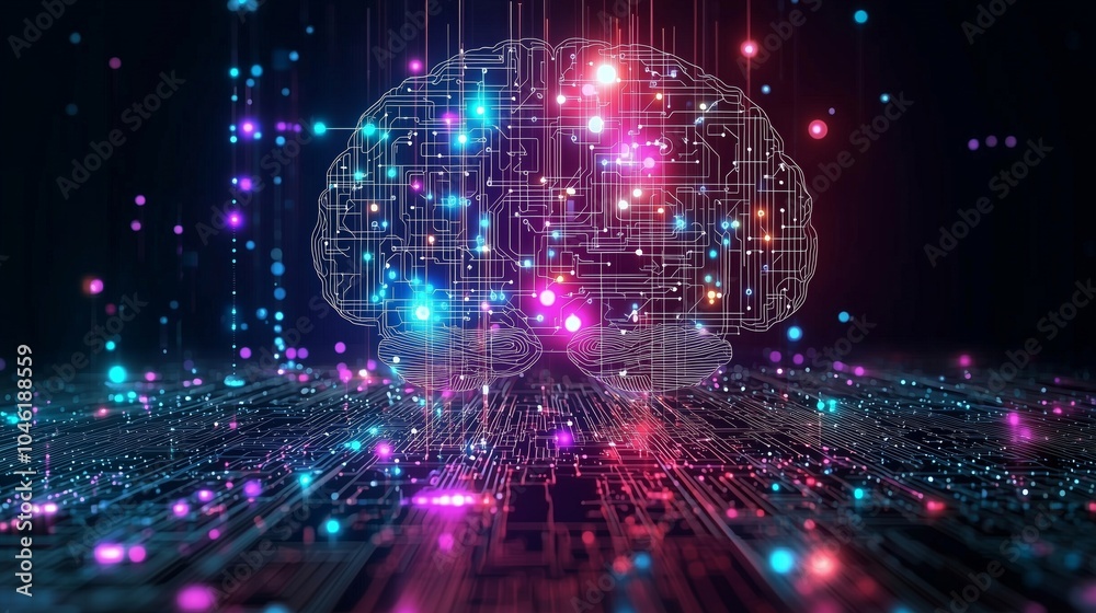 Obraz premium Neon Brain with Circuitry Representing Artificial Intelligence and Technology