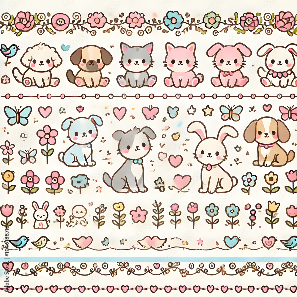 Cute animals and floral borders with hearts and butterflies
Cute animals and floral borders with hearts and butterflies