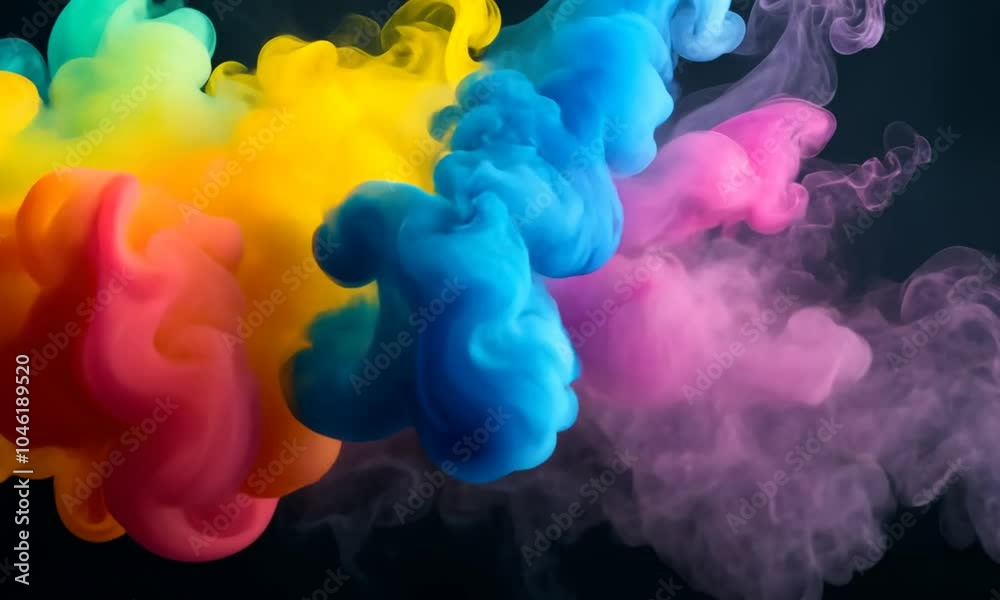 A vibrant explosion of colorful smoke in various hues against a dark background. A vibrant explosion of colorful smoke in various hues against a dark background.