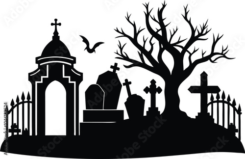 Silhouette of Cemetery Vector lustration on white background.