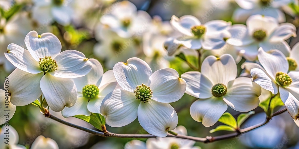 White flowers of Cornus florida, also known as flowering dogwood, in panoramic view White flowers of Cornus florida, also known as flowering dogwood, in panoramic view