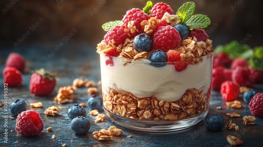 Delicious yogurt parfait with berries and granola for a healthy snack.