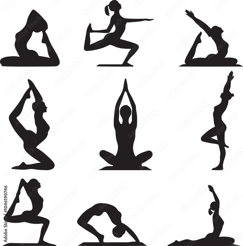 collection of women yoga poses silhouettes design vector art illustration collection of women yoga poses silhouettes design vector art illustration
