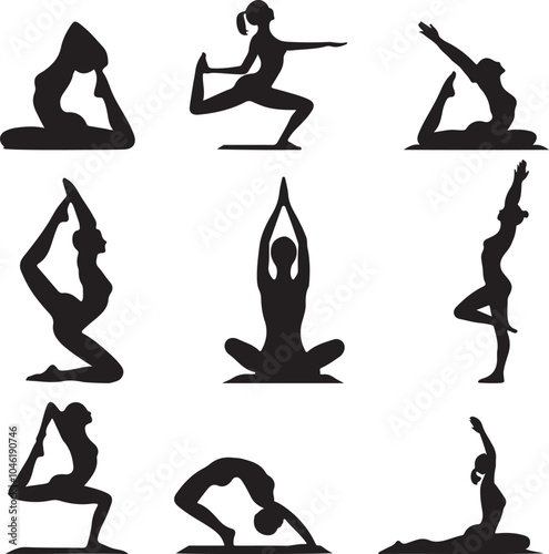 collection of women yoga poses silhouettes design vector art illustration