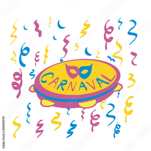 Carnival with tambourine. Banner for holiday celebration and invitation to Brazilian carnival party. Isolated on transparent background.