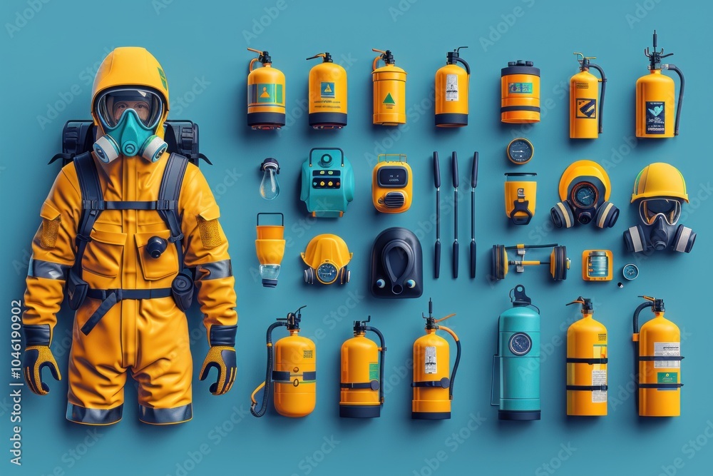 Fototapeta premium A yellow hazmat suit and various safety equipment arranged on a blue background.