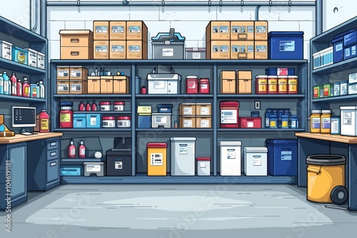 A well-organized storage room with shelves stocked with various items, including boxes, containers, and equipment.