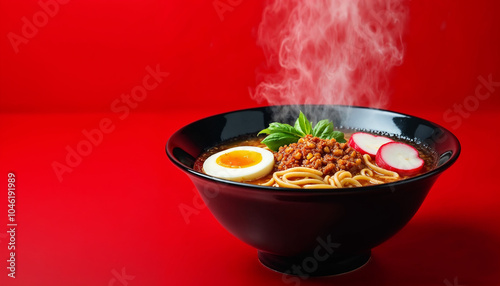 A steaming bowl of ramen – garnished with vegetables, egg, and herbs, isolated on a solid red background, creating a bold visual impact with ample copyspace for branding.