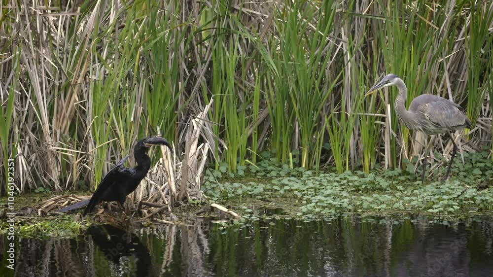 Great blue heron trying to steal a fish from an anhinga Great blue heron trying to steal a fish from an anhinga