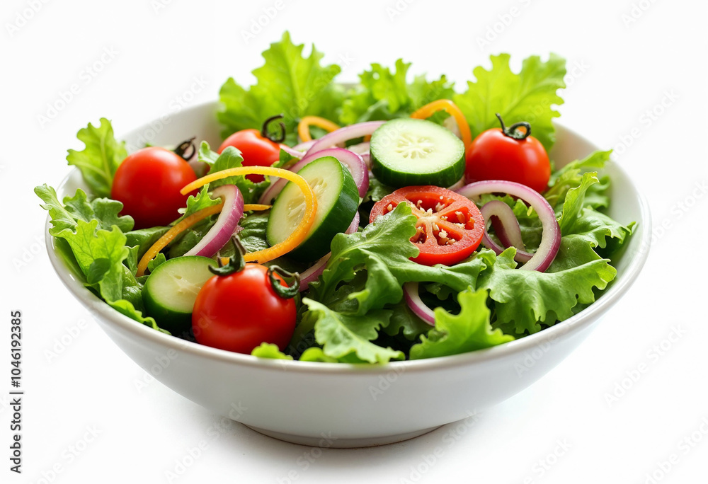 A vibrant bowl of fresh salad – featuring mixed greens, cherry tomatoes, cucumbers, and colorful bell peppers, isolated on a solid white background with ample copyspace A vibrant bowl of fresh salad – featuring mixed greens, cherry tomatoes, cucumbers, and colorful bell peppers, isolated on a solid white background with ample copyspace